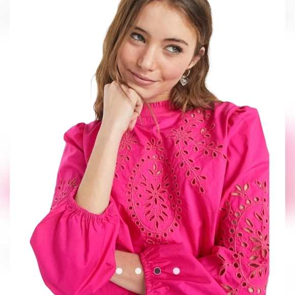 J.Crew Mock Neck Embroidered Eyelet Cotton Poplin Top In Fuschia Blossom - Picture 13 of 16